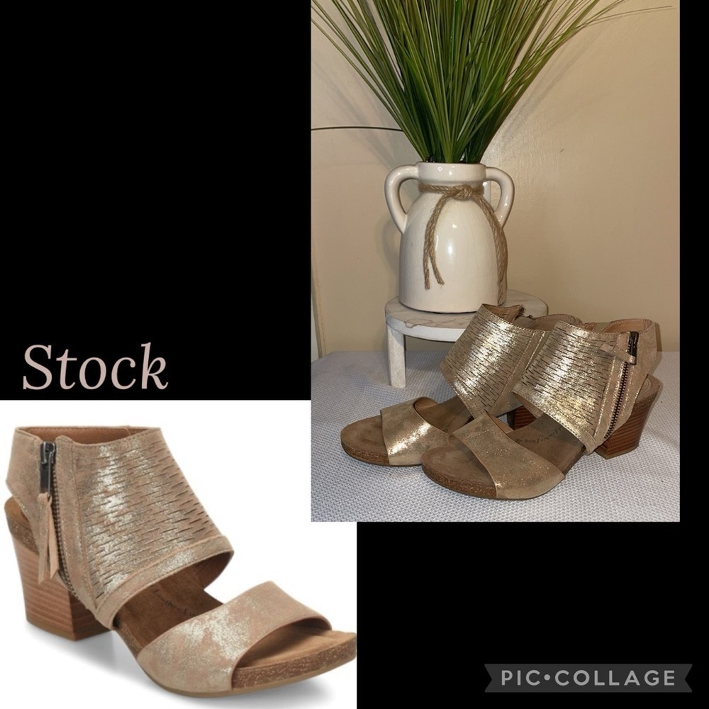 Sofft women’s size 8 sandal heels shoe metalic gold tan block heel Milan